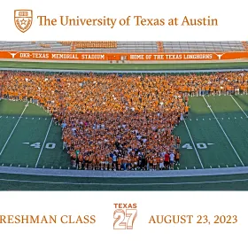 UT Students wearing burnt orange shaped in the Longhorn Logo