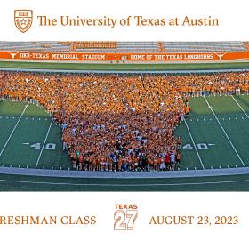 UT Students wearing burnt orange shaped in the Longhorn Logo